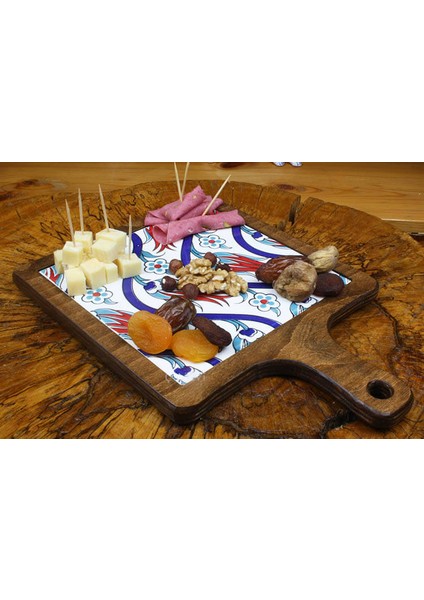 S Lale Motifli Ahşap Sunum Tepsisi