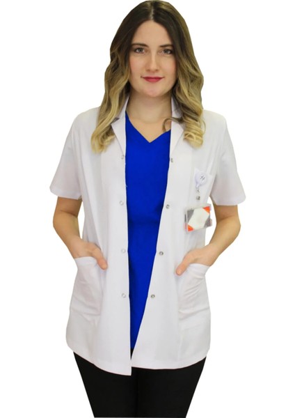 Gömlek Yaka Kadın Kısa Boy - Kısa Kol Doktor Önlüğü , Öğretmen Önlüğü , Hastane Forması , Beyaz Önlük