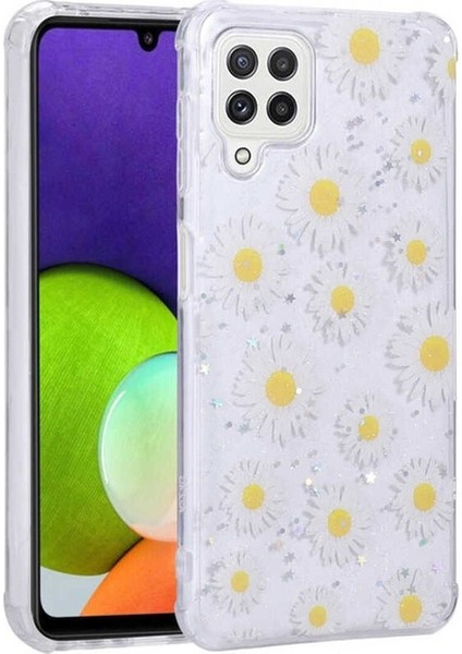 Samsung Galaxy M22 Uyumlu Kılıf Simli Desenli Kamera Korumalı Parlak Popy Kapak, Papatya