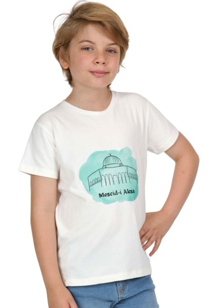 Erkek Çocuk Kısa Kollu Bisiklet Yaka Kudüs Mescid-I Aksa Baskılı T-Shirt
