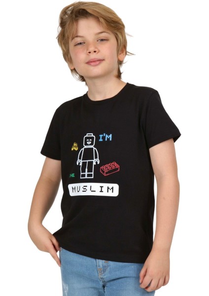 Erkek Çocuk Kısa Kollu Bisiklet Yaka Oyun Baskılı Islami Müslümanım T-Shirt