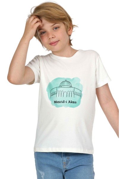 Erkek Çocuk Kısa Kollu Bisiklet Yaka Kudüs Mescid-I Aksa Baskılı T-Shirt