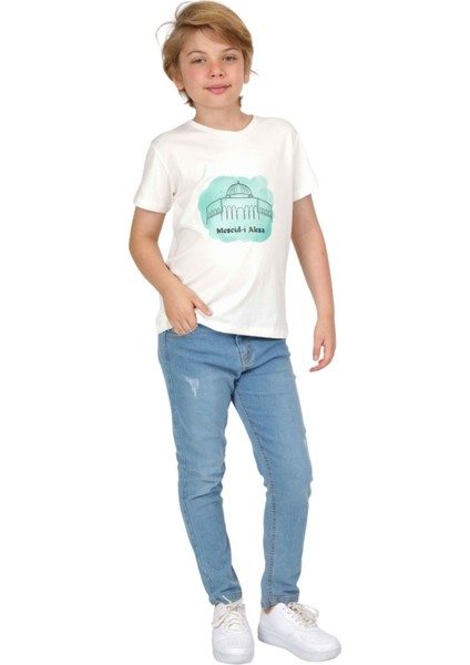Erkek Çocuk Kısa Kollu Bisiklet Yaka Kudüs Mescid-I Aksa Baskılı T-Shirt