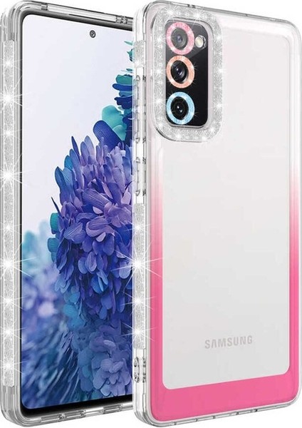 Samsung Galaxy S20 Fe Uyumlu Kılıf Simli ve Renk Geçiş Tasarımlı Lens Korumalı Park Kapak, Beyaz-Pembe