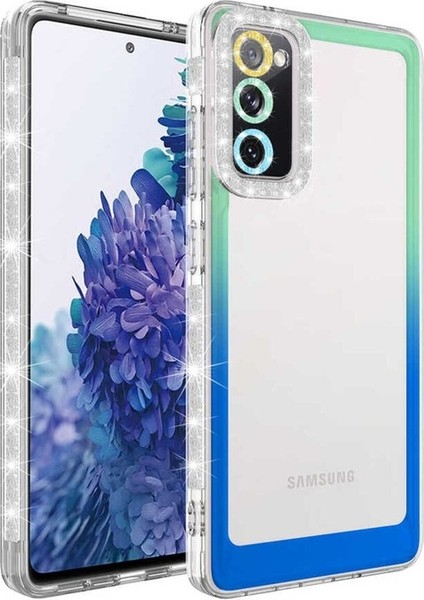 Samsung Galaxy S20 Fe Uyumlu Kılıf Simli ve Renk Geçiş Tasarımlı Lens Korumalı Park Kapak, Yeşil-Mavi