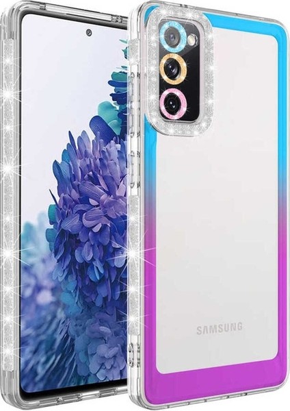 Samsung Galaxy S20 Fe Uyumlu Kılıf Simli ve Renk Geçiş Tasarımlı Lens Korumalı Park Kapak, Mavi-Mor