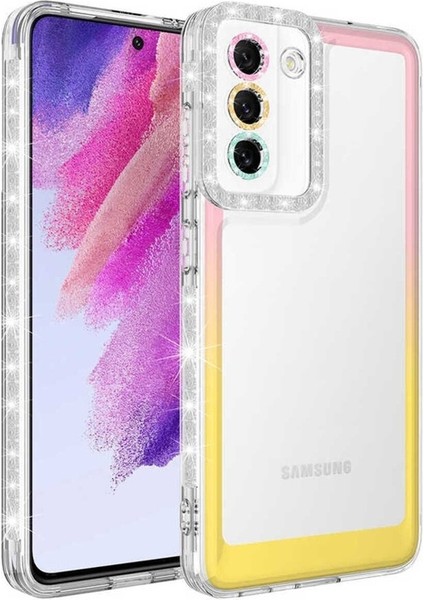 Samsung Galaxy S21 Fe Uyumlu Kılıf Simli ve Renk Geçiş Tasarımlı Lens Korumalı Park Kapak, Pembe-Sarı