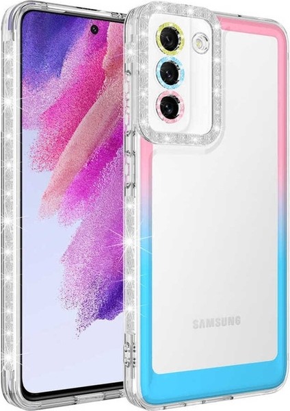 Samsung Galaxy S21 Fe Uyumlu Kılıf Simli ve Renk Geçiş Tasarımlı Lens Korumalı Park Kapak, Pembe-Mavi