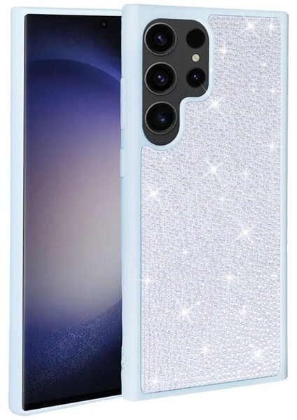Samsung Galaxy S23 Ultra Uyumlu Kılıf Parlak Taşlı Tasarım Ston Kapak, Mavi Açık