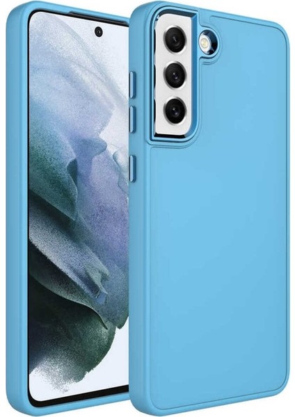 Samsung Galaxy S21 Fe Uyumlu Kılıf Metal Çerçeve ve Buton Tasarımlı Silikon Luna Kapak, Sierra Mavi