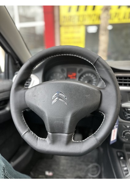 Citroen C-Elysee Araca Özel Direksiyon Kılıfı Uyumlu (Nokta Düz) Siyah Dikişli