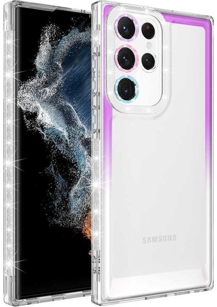 Samsung Galaxy S22 Ultra Uyumlu Kılıf Simli ve Renk Geçiş Tasarımlı Lens Korumalı Park Kapak, Mor-Beyaz