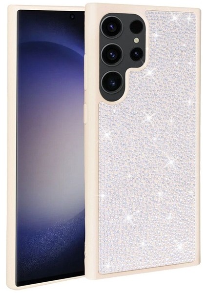 Samsung Galaxy S23 Ultra Uyumlu Kılıf Parlak Taşlı Tasarım Ston Kapak, Beyaz