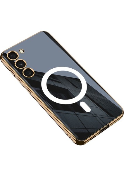 Samsung Galaxy S23 Plus Uyumlu Kılıf Wireless Şarj Özellikli Kenarları Elektroplating Kaplama Aynalı Kent Kapak, Siyah