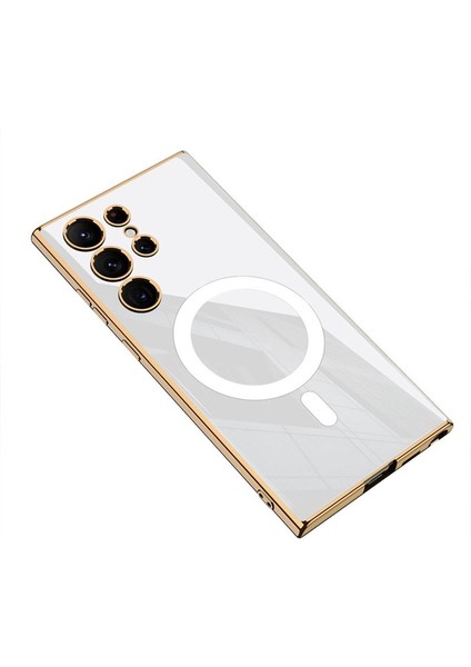 Samsung Galaxy S23 Ultra Uyumlu Kılıf Wireless Şarj Özellikli Kenarları Elektroplating Kaplama Aynalı Kent Kapak, Beyaz