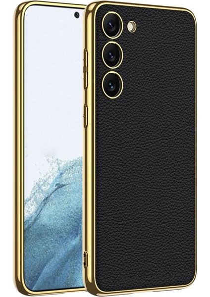 Samsung Galaxy S23 Plus Uyumlu Kılıf Deri Görünümlü Kenarları Elektroplating Kaplama Fizyon Kapak, Siyah