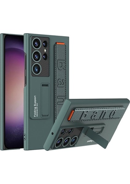 Samsung Galaxy S23 Ultra Uyumlu Kılıf Standlı El Tutacaklı Band Kapak, Koyu Yeşil