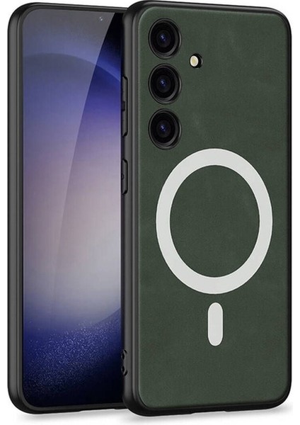 Samsung Galaxy S24 Plus Uyumlu Kılıf Magsafe Şarj Özellikli Deri Tasarımlı Kıpta Nubuk Kapak, Yeşil