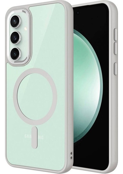 Samsung Galaxy S23 Fe Uyumlu Kılıf Wireless Şarj Özellikli Krom Magsafe Silikon Kapak, Gri