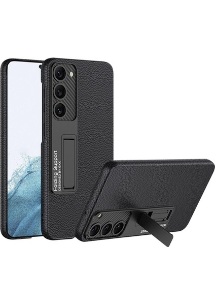 Samsung Galaxy S23 Uyumlu Kılıf Kıpta Standlı Kapak, Siyah Litchi