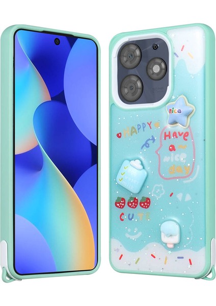 Tecno Spark 10 Pro Uyumlu Kılıf Parlayan Sıvılı Simli Kabartma Figürlü Cevze Kapak, Yeşil