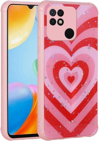 Xiaomi Redmi 10C Uyumlu Kılıf Simli Desenli Kamera Korumalı Parlak Popy Kapak, Kalp