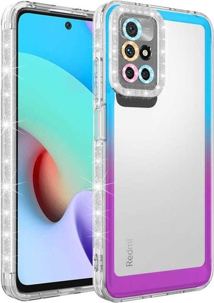 Xiaomi Redmi 10 Uyumlu Kılıf Simli ve Renk Geçiş Tasarımlı Lens Korumalı Park Kapak, Mavi-Mor