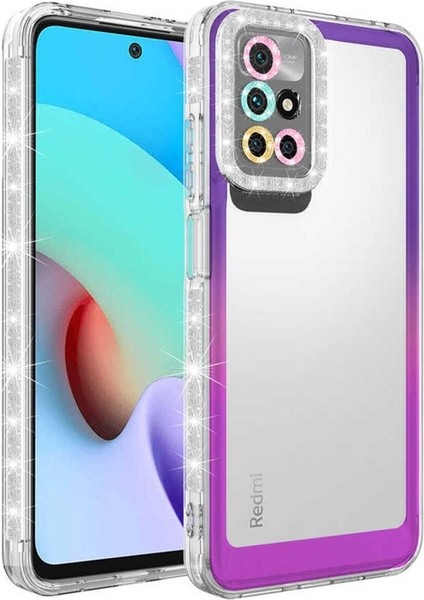 Xiaomi Redmi 10 Uyumlu Kılıf Simli ve Renk Geçiş Tasarımlı Lens Korumalı Park Kapak, Mor-Pembe