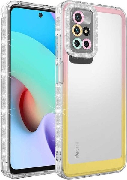 Xiaomi Redmi 10 Uyumlu Kılıf Simli ve Renk Geçiş Tasarımlı Lens Korumalı Park Kapak, Pembe-Sarı