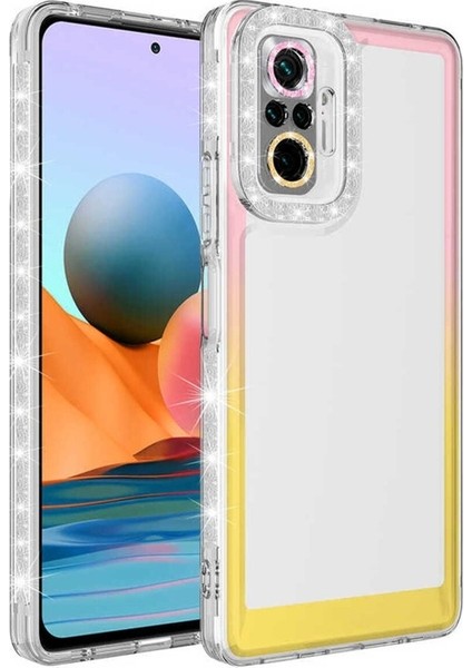 Xiaomi Redmi Note 10 Pro Uyumlu Kılıf Simli ve Renk Geçiş Tasarımlı Lens Korumalı Park Kapak, Pembe-Sarı