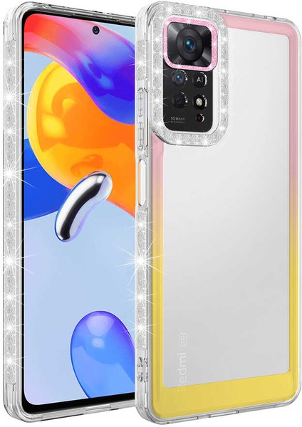 Xiaomi Redmi Note 11 Global Uyumlu Kılıf Simli ve Renk Geçiş Tasarımlı Lens Korumalı Park Kapak, Pembe-Sarı