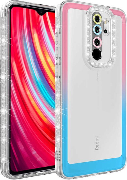 Xiaomi Redmi Note 8 Pro Uyumlu Kılıf Simli ve Renk Geçiş Tasarımlı Lens Korumalı Park Kapak, Pembe-Mavi