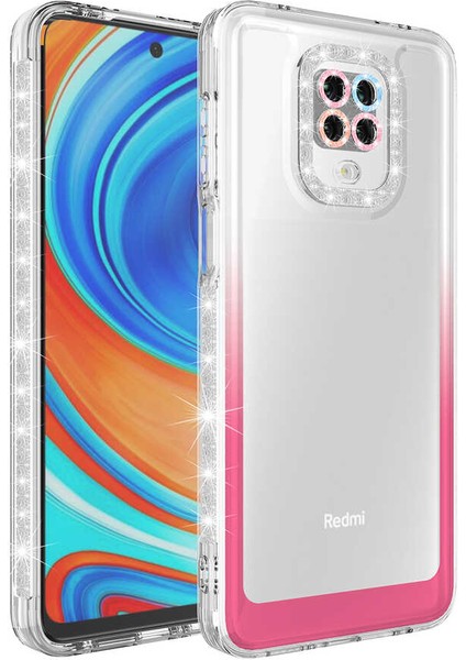 Xiaomi Redmi Note 9 Pro Uyumlu Kılıf Simli ve Renk Geçiş Tasarımlı Lens Korumalı Park Kapak, Beyaz-Pembe