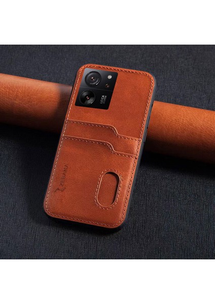 Xiaomi Mi 13T Uyumlu Kılıf Zebana Kartlıklı Lüx Deri Kılıf Kahverengi