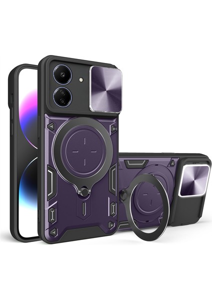 Xiaomi Redmi 13C Uyumlu Kılıf Zebana Manyetik Standlı Armor Silikon Kılıf Derin Mor