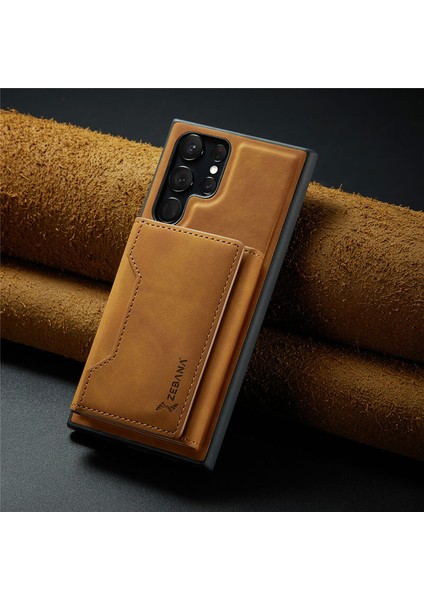 Samsung Galaxy S22 Ultra Uyumlu Kılıf Zebana 2in1 Elite Class Cüzdanlı Deri Kılıf Kahverengi