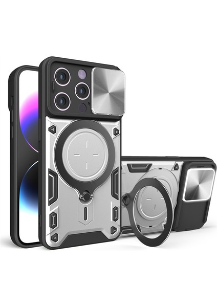 Apple iPhone 15 Pro Max Uyumlu Kılıf Zebana Manyetik Standlı Armor Silikon Kılıf Gri