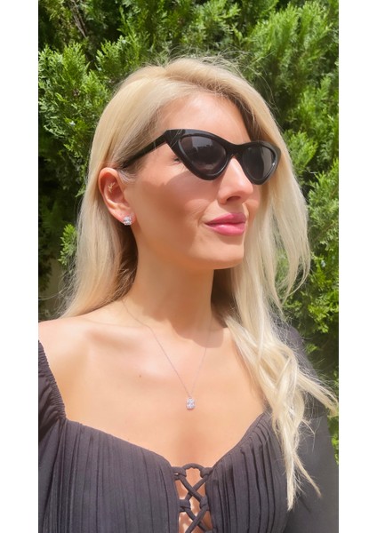 Pırlanta Görünümlü Kare Küpe - Kolye Set