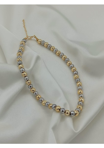 Gold ve Silver Midi Full Topcuk Detaylı Pirinç Kaplama Kolye