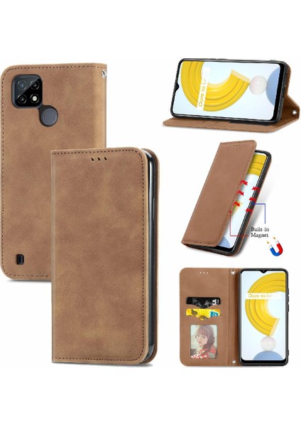 Realme C21 Kordon Deri Çanta Cüzdan Basit Iş Fermuar Için Kılıf (Yurt Dışından)