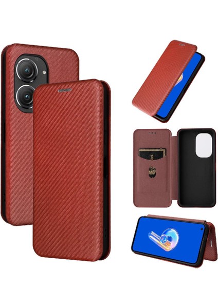Asus Zenfone 9 Için Kılıf Deri Folio Flip Case Manyetik Karbon Fiber (Yurt Dışından)