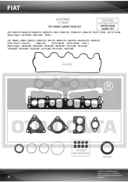 Üst Takim Conta (Viton Keçeli+Subap Lastikli) Fiat Doblo Opel Astra H-Vectra C-Zafira 1.9jtd 18051