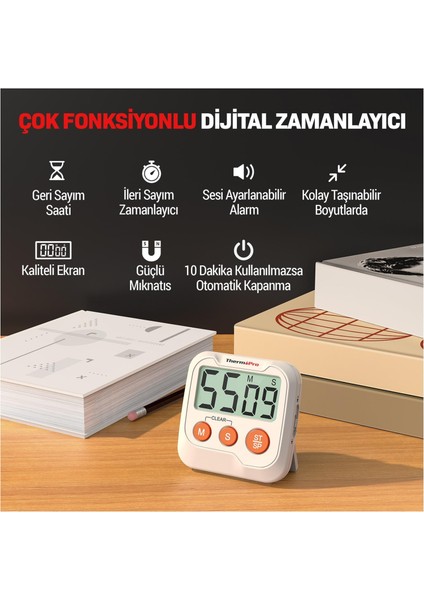 Thermopro TM03 Mutfak, Spor, Ders Için Alarmlı, Işıklı, Çift Geri Sayımlı Kronometre ve Dijital Saat