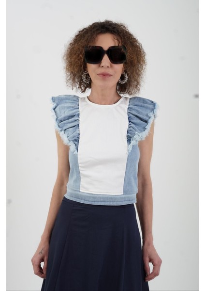 Mavi Kol Denim Fırfırlı Bluz modelleri