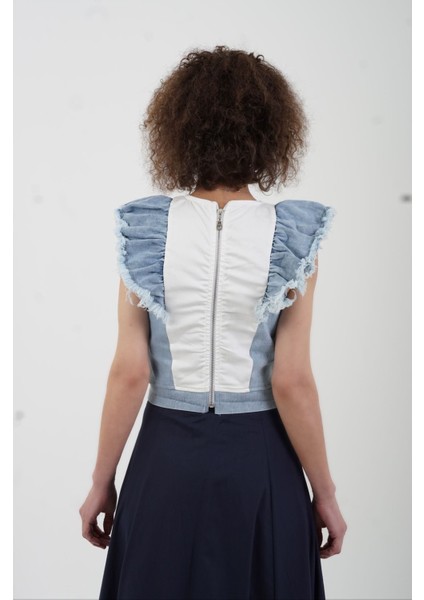 Mavi Kol Denim Fırfırlı Bluz fırsatları