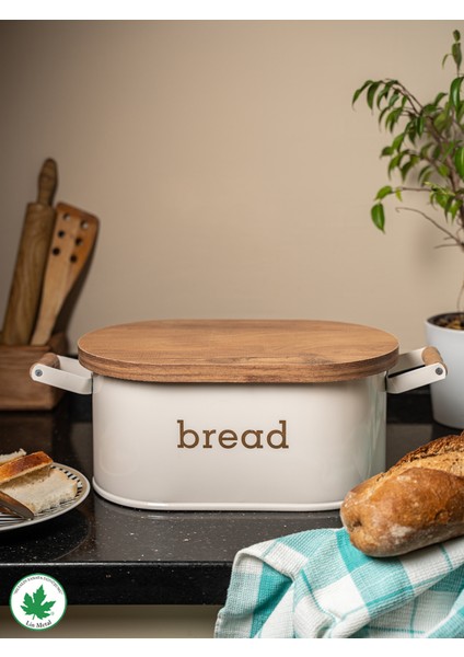 Ahşap Kapaklı Ahşap Kulplu Metal Ekmeklik (Bread Baskılı)