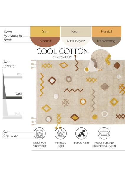 Cool Cotton Ccn 12 Multy Xw Makinede Yıkanabilir Kaymaz Tabanlı Naturel Pamuk Dokuma Bebek Halısı