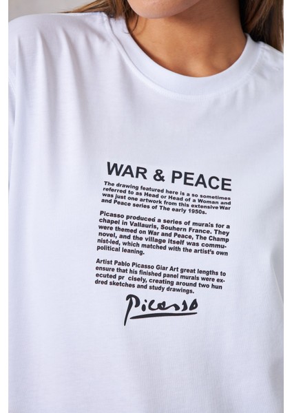 War Peace Pablo Picasso Yazılı Yüz Tasarım Baskılı Oversize Beyaz Kadın T-Shirt fiyatları