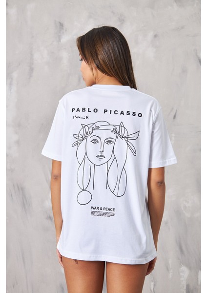 War Peace Pablo Picasso Yazılı Yüz Tasarım Baskılı Oversize Beyaz Kadın T-Shirt modelleri
