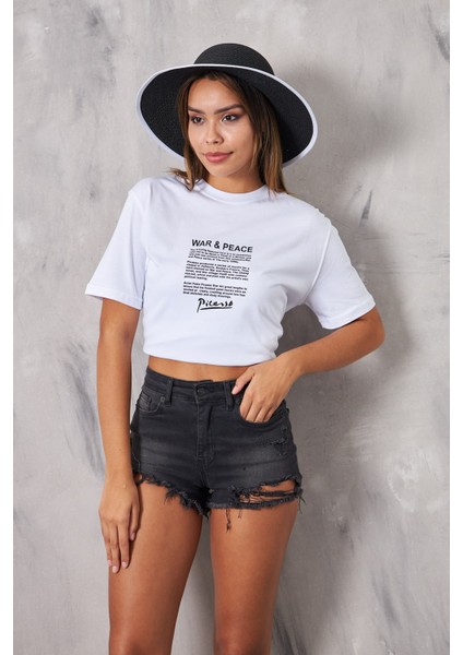 War Peace Pablo Picasso Yazılı Yüz Tasarım Baskılı Oversize Beyaz Kadın T-Shirt fırsatları
